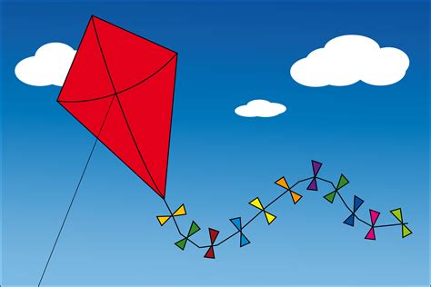 Red Diamond Kite Flying In Blue Sky With Colorful Tail Illustration