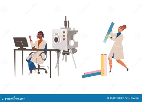 Woman Scientist Character Conducting Scientific Research Vector Illustration Set Stock Vector