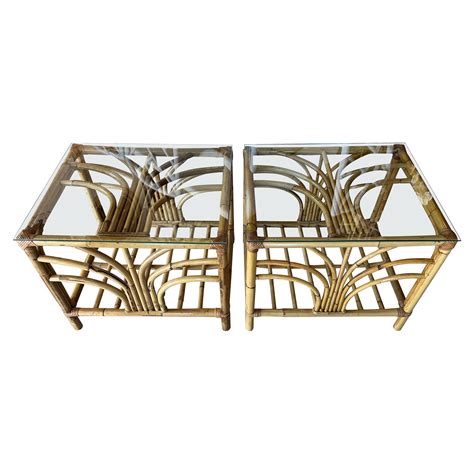 Vintage Pair Of Burnt Bamboo Rattan End Side Tables Octagonal For Sale