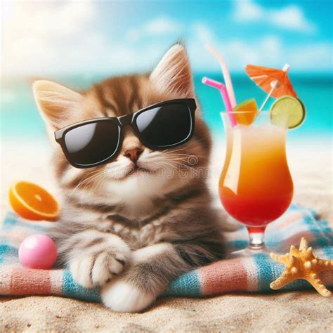 Cute Cat in Sunglasses Lying on the Beach with a Cocktail. Generated AI ...