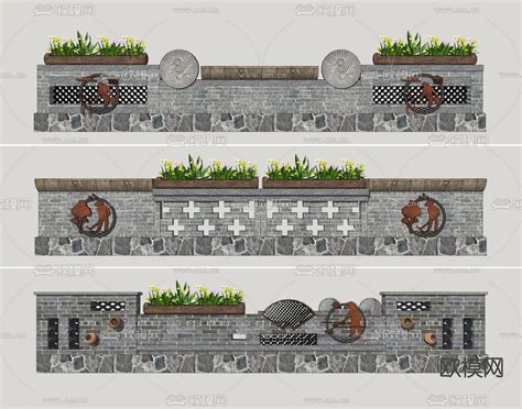 新中式乡村民俗围墙su模型下载id12085501sketchup模型下载 欧模网