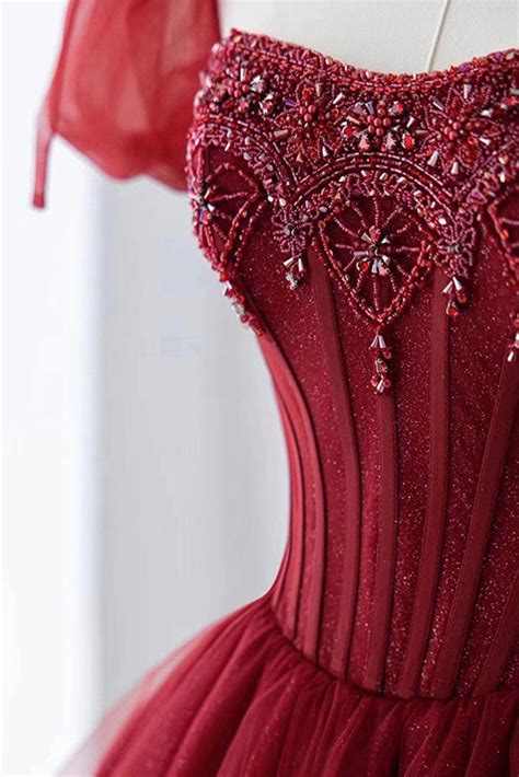 Gorgeous Burgundy Tulle Beaded Long Prom Dresses Burgundy Formal Even