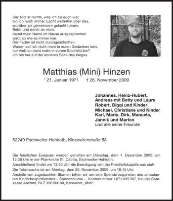 Traueranzeigen Von Matthias Mini Hinzen Aachen Gedenkt