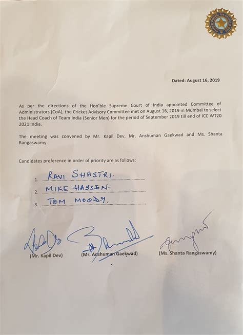 The Official Letter Of Ravi Shastris Re Appointment As Indias Head