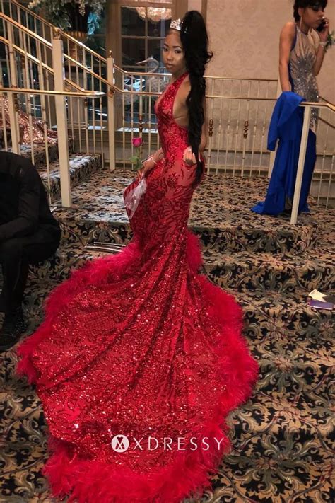 Red Sequin Backless Feather Long Train Prom Dress Xdressy