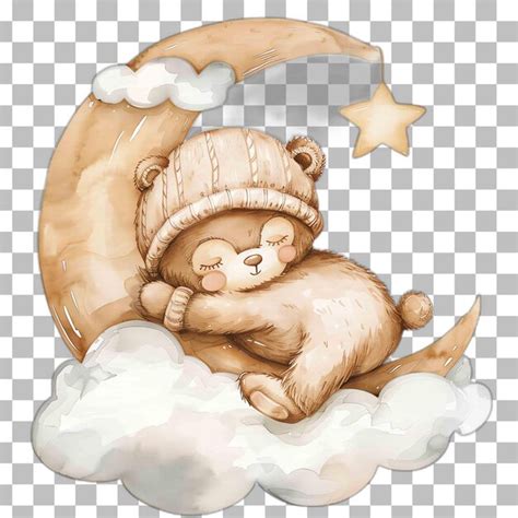 Premium Psd Baby Teddy Bear Wearing Beanie Sleeping In Cloud Crescent