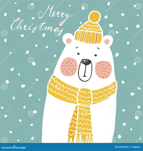 Cute Christmas Greeting Card Invitation With Hand Drawn Polar Bear