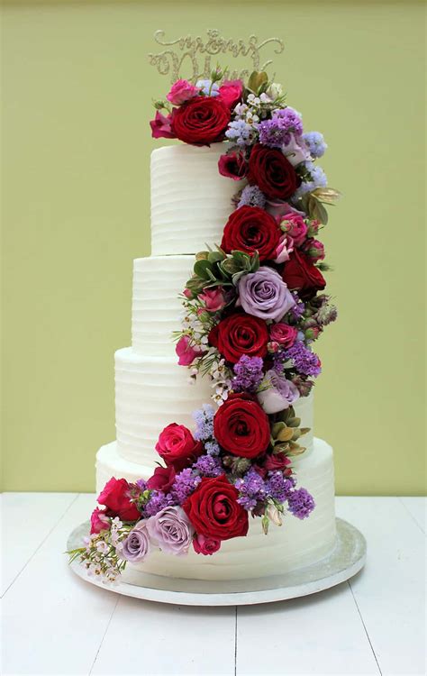 Buttercream Ridges Cake With Red And Purple Fresh Flower Cascade Bay