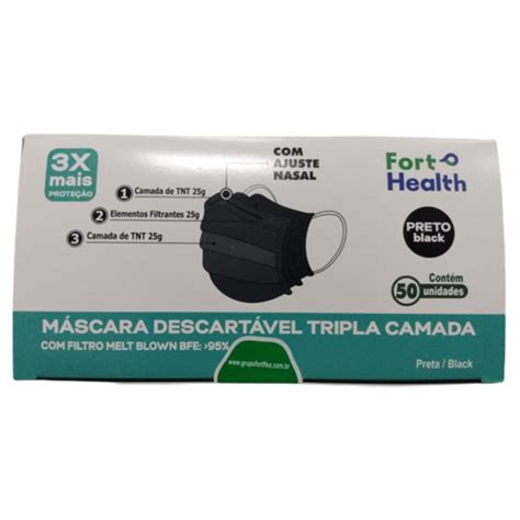 MASC DESC FORT HEALTH TRIPLA CAMADA PRETA 50UN MASCARA DESCARTAVEL