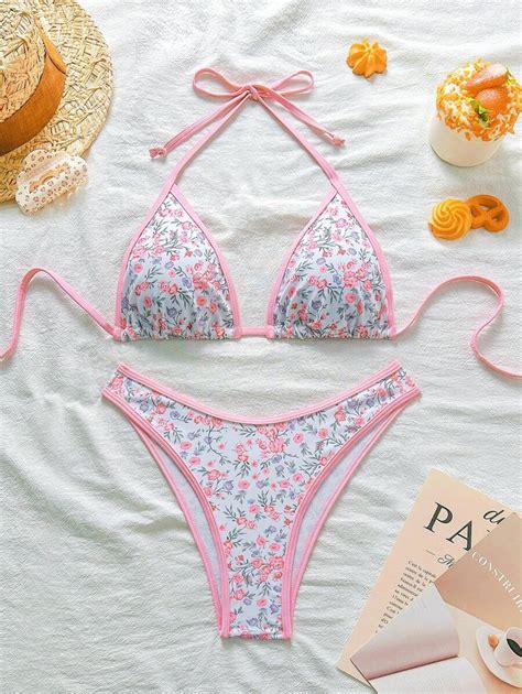 Swim Mod Conjunto De Bikini De Estilo Campestre Con Estampado Floral Rosa En Estilo Fresco Y
