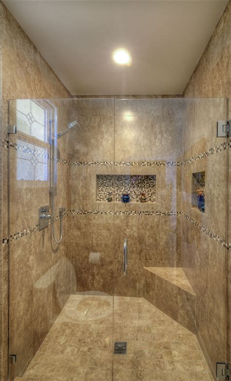 Stone Tile Shower With Corner Seat And Accent Tile Niche Kitchen