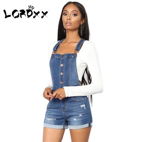 Lordxx Women Denim Overalls Shorts Blue Roll Up Cuffs Button Down Summer Denim Romper Short