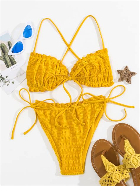 Conjunto De Bikini Texturizado Con Ribete De Volantes Sujetador