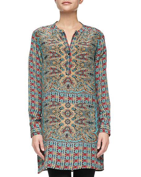 Tolani Lorraine Silk Printed Long Sleeve Tunic Turquoise