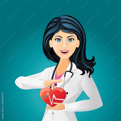 Doctor Cardiologist With Red Heart Female Doctor With Stethoscope