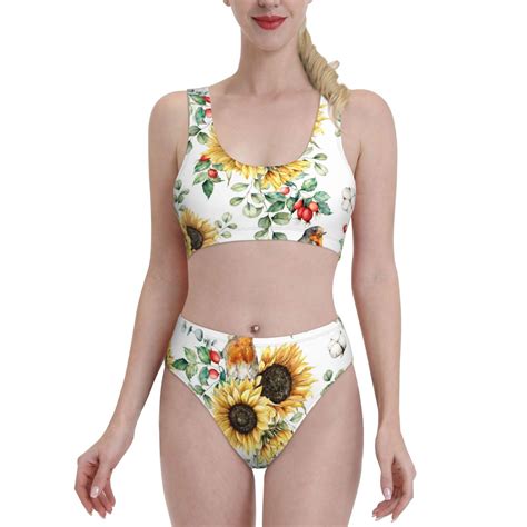 Haiem Sunflowers Leaves And Birds Women S High Waisted Bikini Set Two