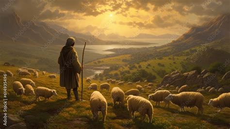 A Shepherd Guiding His Flock Of Sheep Generative Ai Stock Illustration