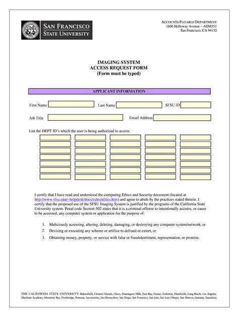 Fillable Online Fiscaff Sfsu Imaging System Access Request Form