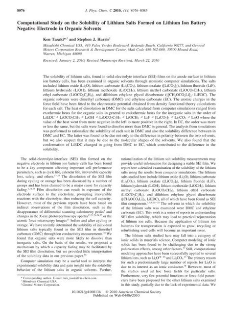 Computational Study on the Solubility of Lithium Salts Formed on ...