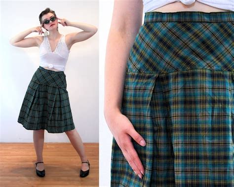 50s Tartan Plaid Skirt S Vintage Blue Olive Teal Cri… Gem