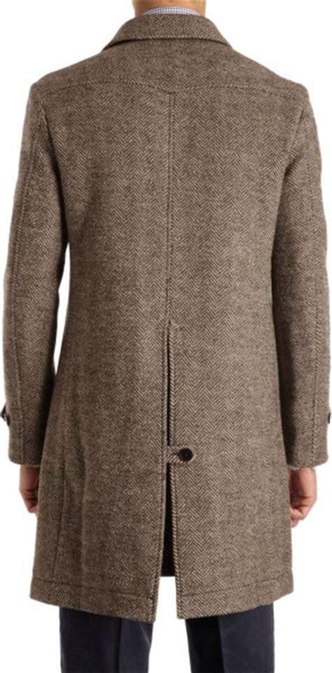 Etro Herringbone Overcoat In Brown For Men Tan Lyst