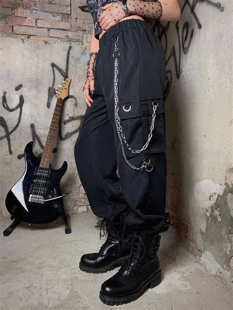 Romwe Grunge Punk Solid Chain Decor Cargo Pants Shein Uk