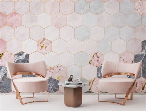 Marble Wallpaper Mural In Pink Geometric Shapes | Silk Interiors ...