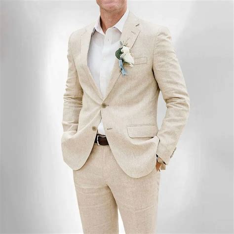 Fatos De Casamento Elegantes Para Homens Lapela Bege Blazer De Linho