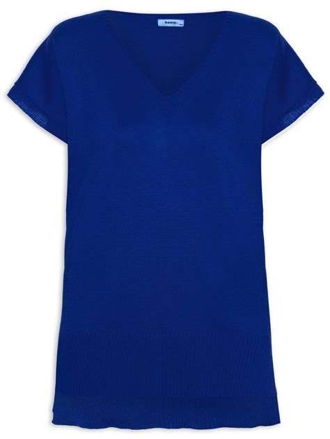 Blusa Tricot Gola V Basiq Azul Oqvestir