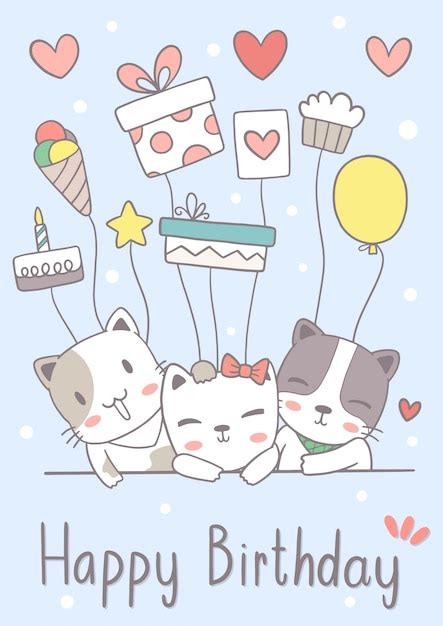 Premium Vector Hand Drawn Cute Cats Happy Birthday Greeting Card