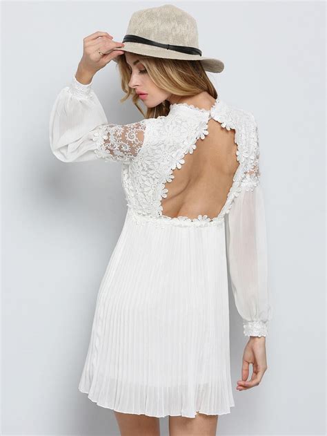 White Long Sleeve Embroidered Bead Lace Dress Shein Sheinside