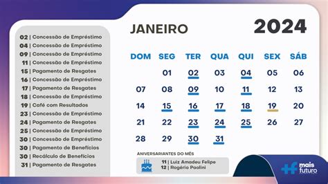 Calendário de Atividades Janeiro 2024 Intranet Mais Futuro