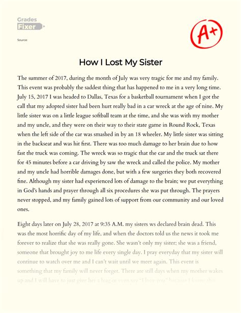 How I Lost My Sister Essay Example 775 Words