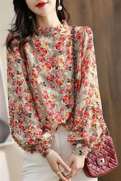 Simple Stand Collar Print Wrinkled Chiffon Shirt Lantern Sleeve