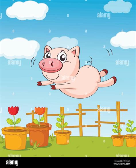 Illustration Of A Pig Jumping In A Beautiful Nature Stock Vector Image