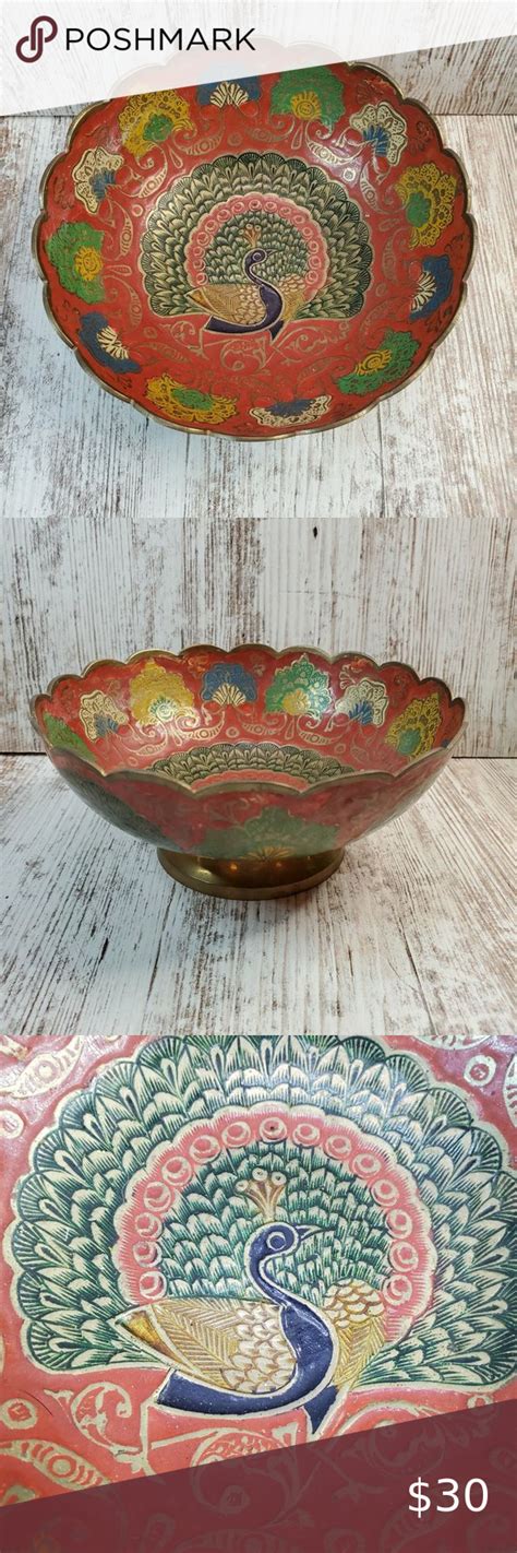 Vtg Enesco Brass Enamel Hand Painted Peacock Bowl Scalloped Rim Footed