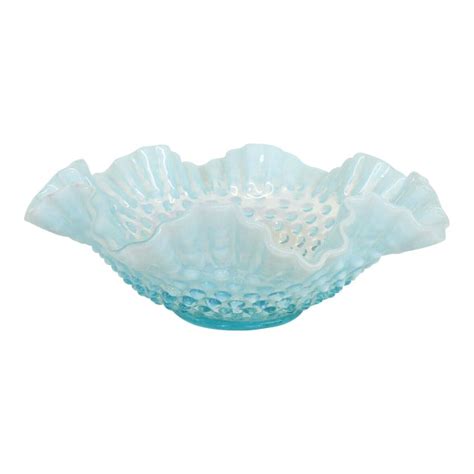 Fenton Hobnail Style Opalescent Blue Glass Large Ruffled Rim Bowl Chairish