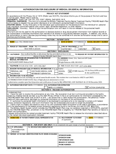 Fillable Online DD Form 2870 Authorization For Disclosure Of Medical