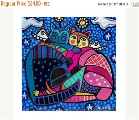 50 Off Hugging Cat Angels Folk Art Tile Ceramic Coaster Mexican Folk Art Print Of Painting By