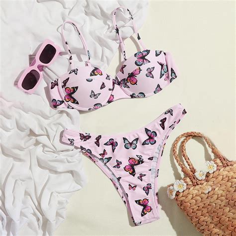 Sexy Butterfly Print Open Back Bikini Swimsuit On Luulla