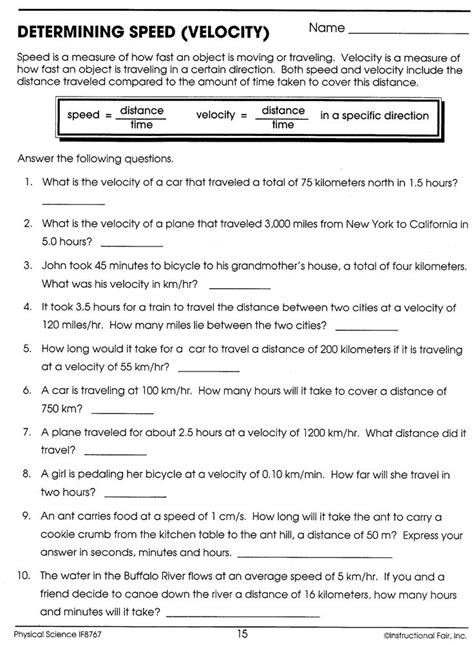 Determining Speed Velocity Worksheet Worksheets Answers Velocity