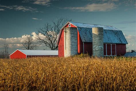 Red Barn And Cornfield In West Michigan On A Sunny Day Photograph By