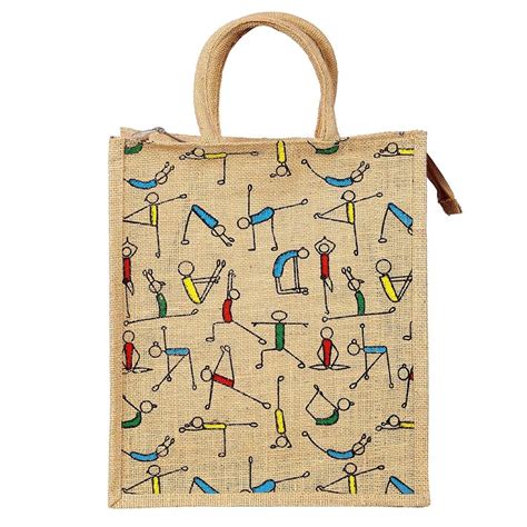 Beige Printed Eco Friendly Jute Bag With Zip Closure Multipurpose Bag