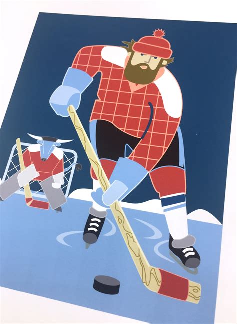 Paul Bunyan And Babe Blue Ox Playing Hockey Art Print Etsy