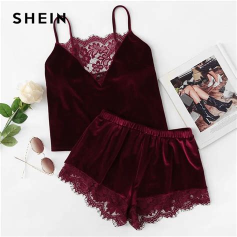 Shein 2018 Lace Trim Velvet Cami And Shorts Pajamas Set Women Burgundy