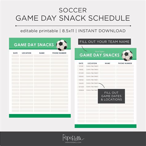 Soccer Game Day Snack Schedule EDITABLE Instant Download - Etsy