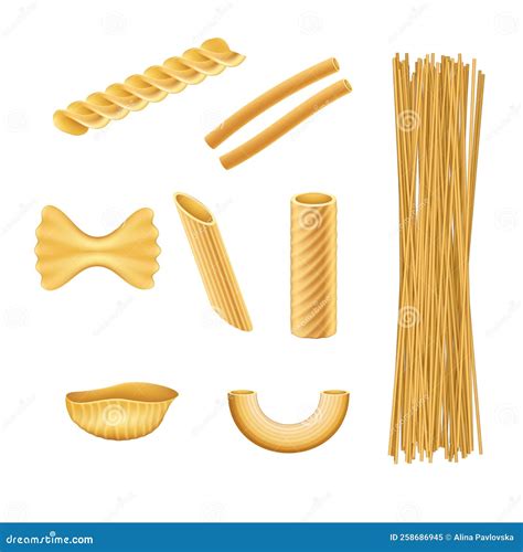 Pasta Realistic Set Italian Food Farfalle Fusilli Macaroni Cook Ingredients Of Traditional