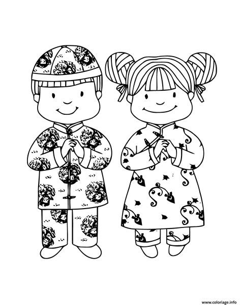 Coloriage Nouvel An Chinois Fille Garcon Tenue Traditionelle