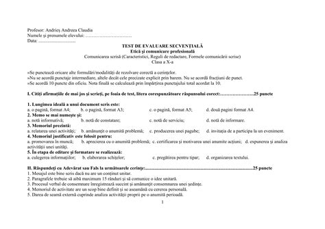 Academiaabc Test De Evaluare Etic I Comunicare Profesional Clasa A X A