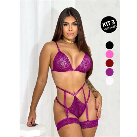 Kit 3 Conjunto Lingerie Renda Calcinha e Sutiã Sem Bojo Cinta Liga